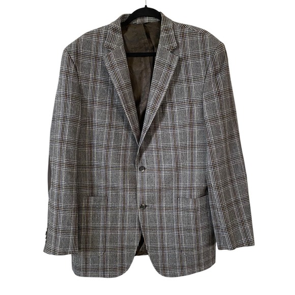 Jack Victor Equestrian Preppy Black & Tan Plaid Blazer with Elbow Patches 44L